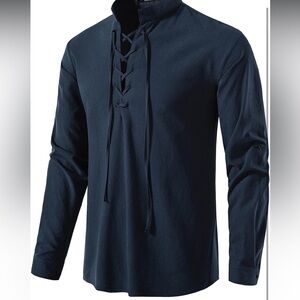 Blue Long Sleeve Viking style Tee with Lace-Up Detail